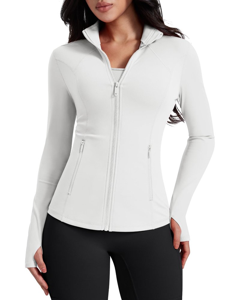 AVGO Womens Workout Jackets Lightweight Athletic Zip Up Jacket Slim Fit Running Gym Top with Pockets & Thumb Holes(White, L)