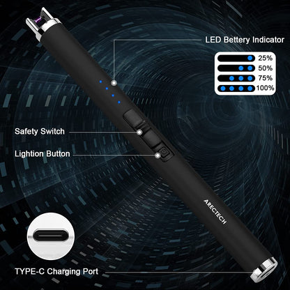 ARECTECH Rechargeable Electric Candle Lighter Arc Plasma Windproof Lighter for Candle Kitchen Birthday Gift for Mom Men Wife with Type-C Cable Black