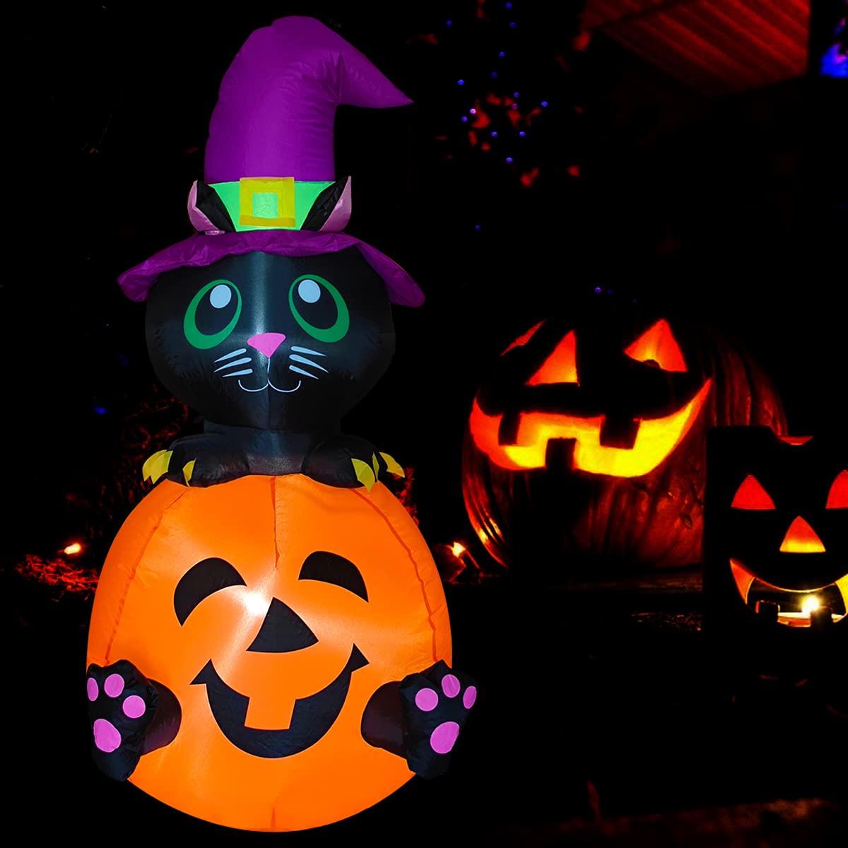 Poptrend Inflatable Halloween Decorations,4.0 FT Inflatable Black cat & Pumpkin Outdoor Halloween Blow Up Yard Decorations Internal LED Lights Holiday Decorations Home Garden