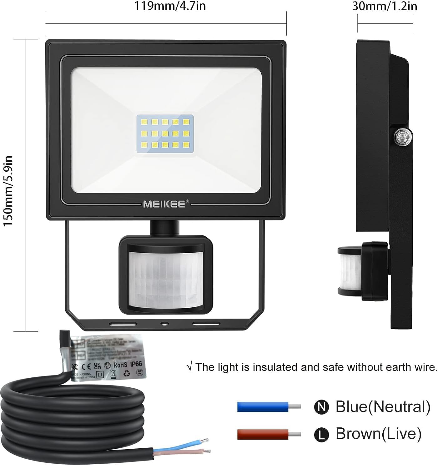 MEIKEE Security Lights with Motion Sensor 15W PIR Light Super Bright 1200 Lumen LED Sensor Flood Lights Outdoor IP66 Waterproof Daylight White Wall Light Perfect for Garage Garden Forecourt Hallway