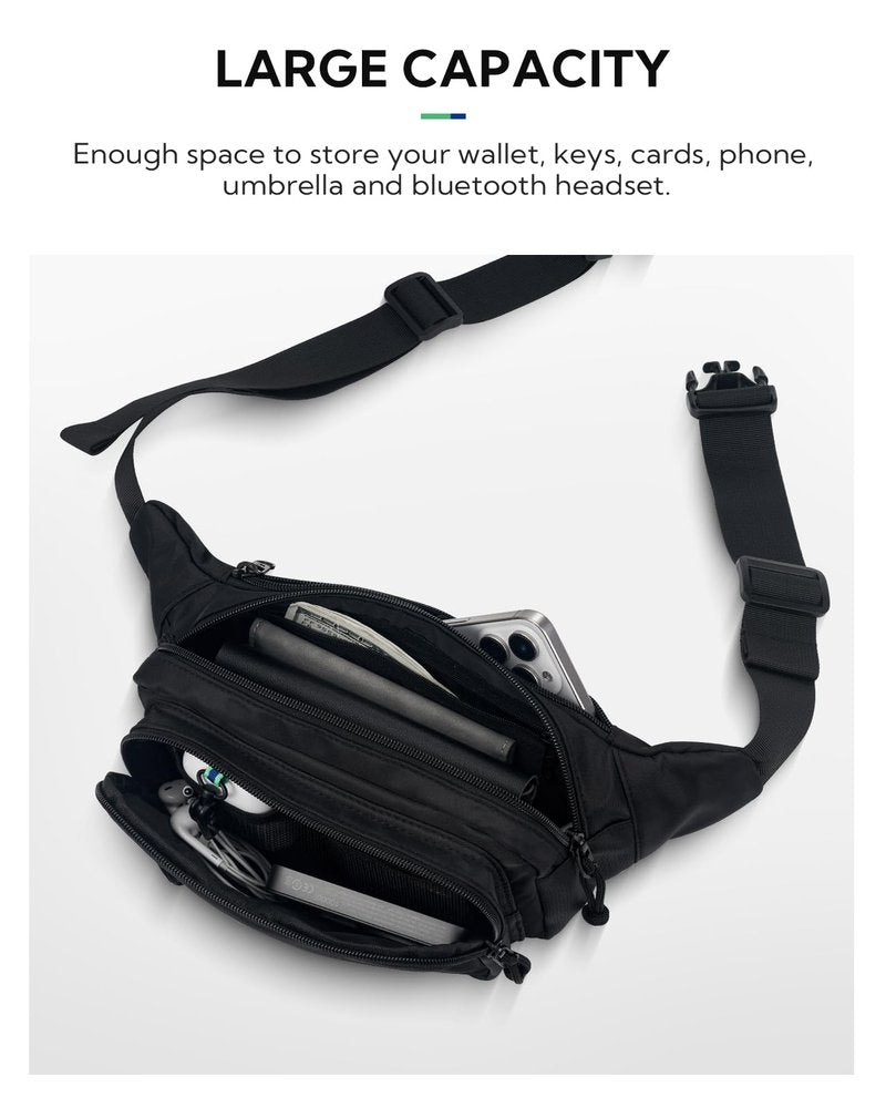 WATERFLY Fanny Pack Waist Packs: Large Crossbody Fanny Packs for Women Men with 5 Zipper Pockets Adjustable Strap Waist Bags Hip Pack for Traveling Cycling Running Hiking-Black