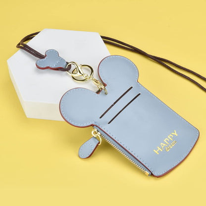 BUUFAN Chic Cute Travel PU Leather Student ID Card Holder Lanyard Neck Pouch Bag With Coin Wallet Purse for Students Women Kids Teens Girls (Blue)