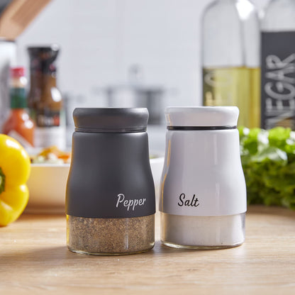 Salt and Pepper Shakers Set, Bivvclaz 5 Ounce Salt and Pepper Dispenser with Glass Bottom, Cute Salt and Pepper Shakers for Modern Home Kitchen Decor, Easy Filling