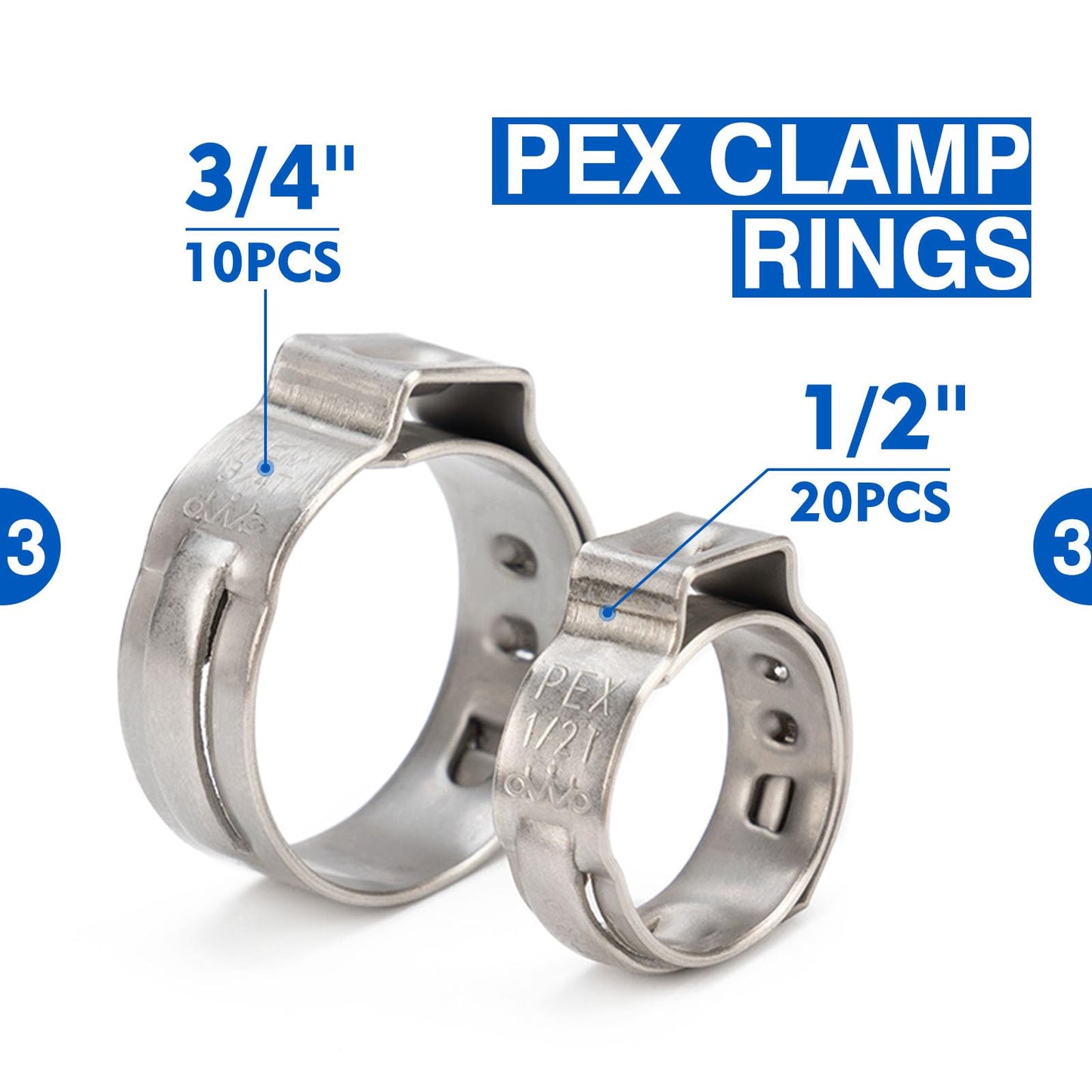 iCrimp PEX Clamp Tool Kit for 3/8-in, 1/2-in, 3/4-in, 1-in PEX Clamp Cinch & Removal, c/w 1/2''(20 Pack) and 3/4''(10 Pack) PEX Clamp Rings, PEX Tubing Cutter