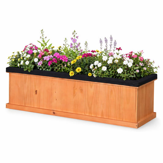 Giantex Raised Garden Bed with 3 Drainage Holes, 44”x10”x12” Wooden Elevated Planter Box w/Removable Bottom & Bed Liner, Elevated Flower Bed, Rectangular Plant Container for Vegetables Herbs & Fruits