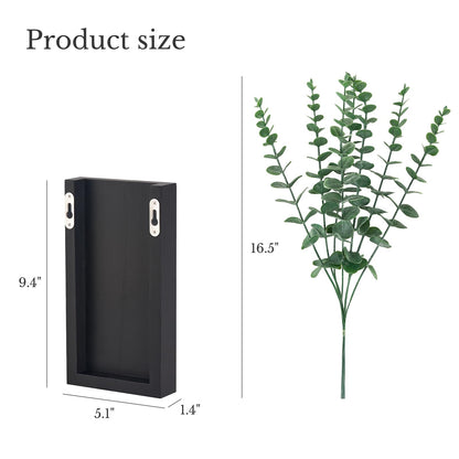 Dahey 2 Pack Wood Wall Planter Vase with Artificial Eucalyptus Farmhouse Wall Hanging Decor Pocket Planter for Indoor Fake Plants Greenery, Living Room Bedroom Kitchen Home Office Decoration, Black