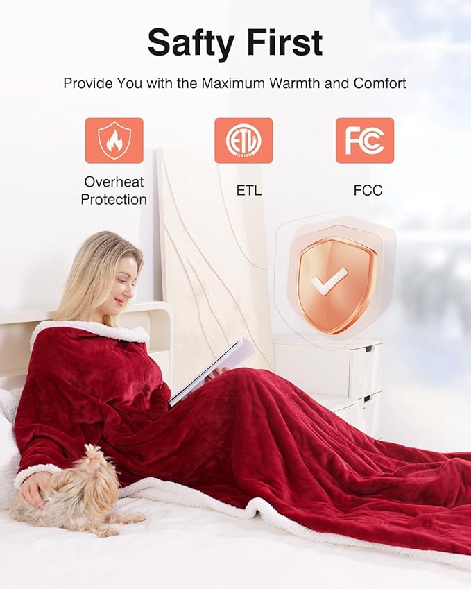 Wearable Heated Blanket with Sleeves, Electric Heated Blanket for Gifts, Electric Throw Wrap Poncho Shawl with Pockets, 6 Heating Levels & 4 Hours Time Settings, 50 x 70 Inch (Red)