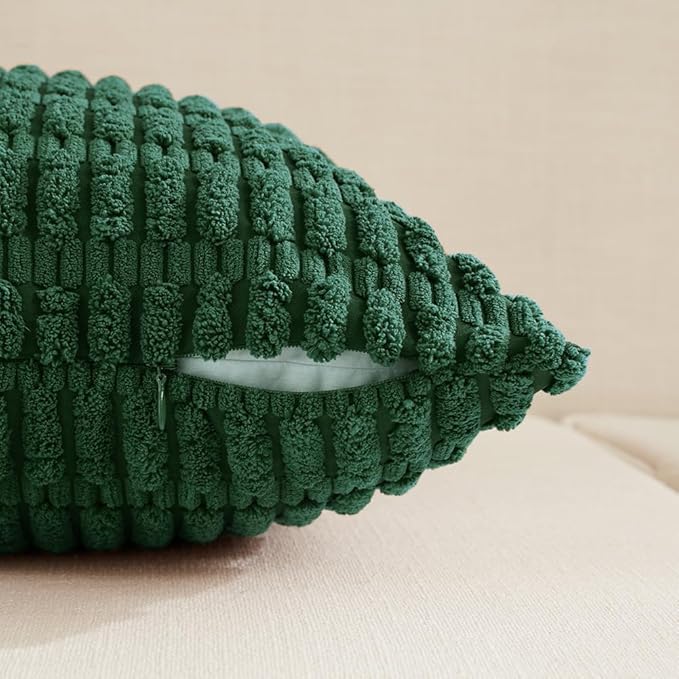 Fancy Homi Boho Dark Green Decorative Throw Pillow Covers 12x20 Inch for Couch Bed Sofa, Rustic Modern Farmhouse Home Decor, Soft Plush Corduroy Cute Square Cushion Case 30x50 cm