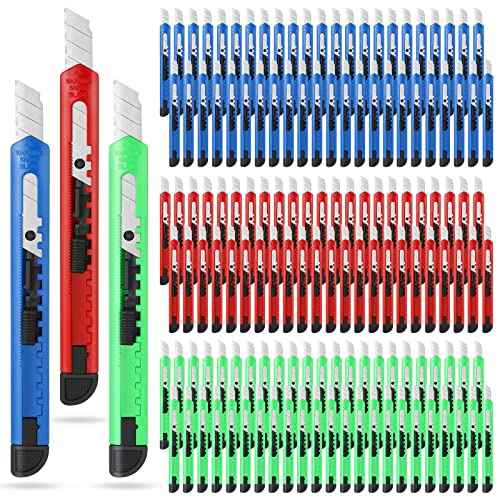 Lasnten 200 Pcs Box Cutter Utility Knife Small Retractable 9mm Wide Snap off Blade Knife Plastic Compact Box Opener with Sliding Lock Tools for Home Office Arts Crafts, 3 Colors