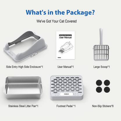 Furkid Stainless Steel Cat Litter Box with Lid, XL Extra Large Litter Box for Big Cats, High Sided Kitty Metal Pan with Pedal Filter and Scoop, Non-Sticky&Anti-Leakage Easy Cleaning Gray