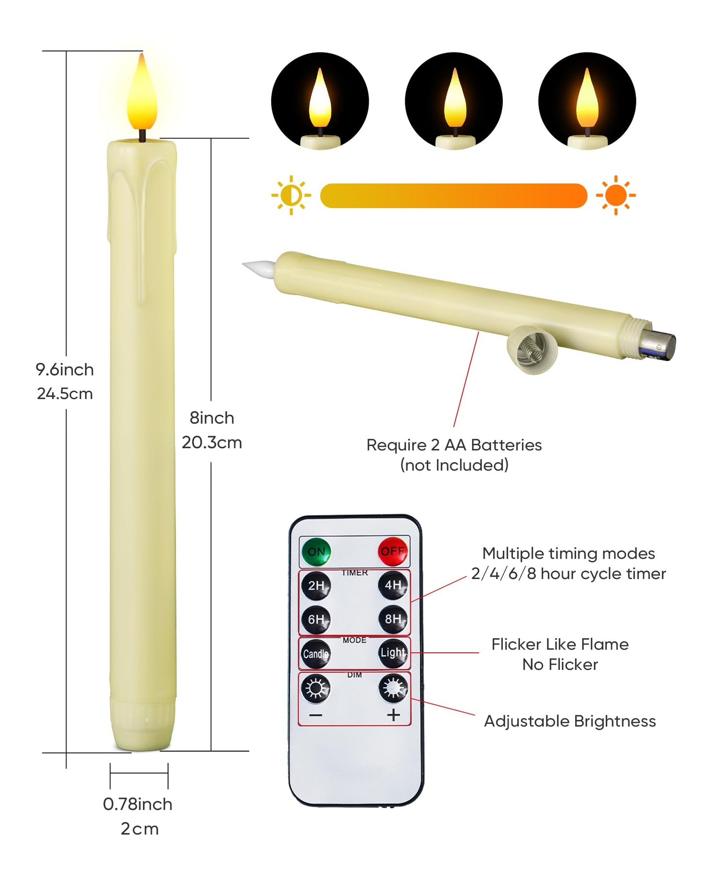 Homemory 6 Pack Plastic Taper Flameless Candles with Remote, Timer, Battery Operated CandleSticks with Flickering Bright Light, 9.6 Inches for Home Decoration