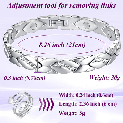 Vicmag Magnetic Bracelets for Women Ladies Titanium Steel Ultra Strength Magnets Bracelet with 3500 Gauss Effective for Women with Gift Box & Removal Tool(Crystal Design for Ladies)(Platinum)