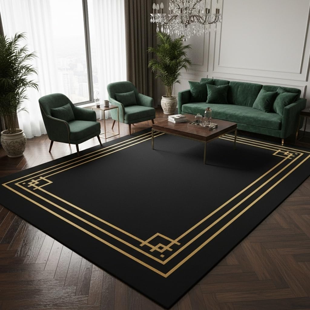 Minimalist Black Gold Lines Border Geometric Print Rug Contemporary Aesthetic Art Deco Area Rug for Living Room Diningroom Guestroom Large Washable Soft Faux Wool Carpet Lux Indoor Floor Mat 3x5