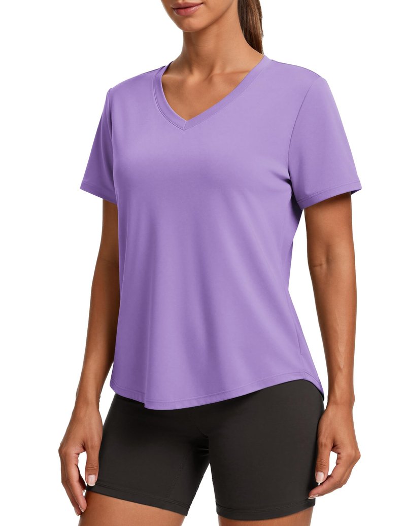 PINSPARK Hiking Shirts for Women UPF 50 Sun Protection Short Sleeve V Neck Moisture Wicking Quick Dry Outdoor Athletic Tops,Lavender Medium