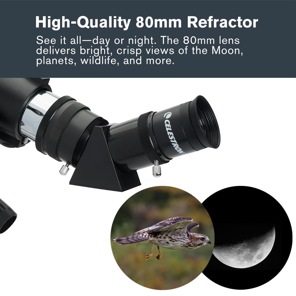 Celestron Travel Scope 80 Portable Refractor Telescope – 80mm Aperture, Fully-Coated Glass Optics – Includes Tripod, Smartphone Adapter, Backpack & Software – Ideal for Beginners & Travel
