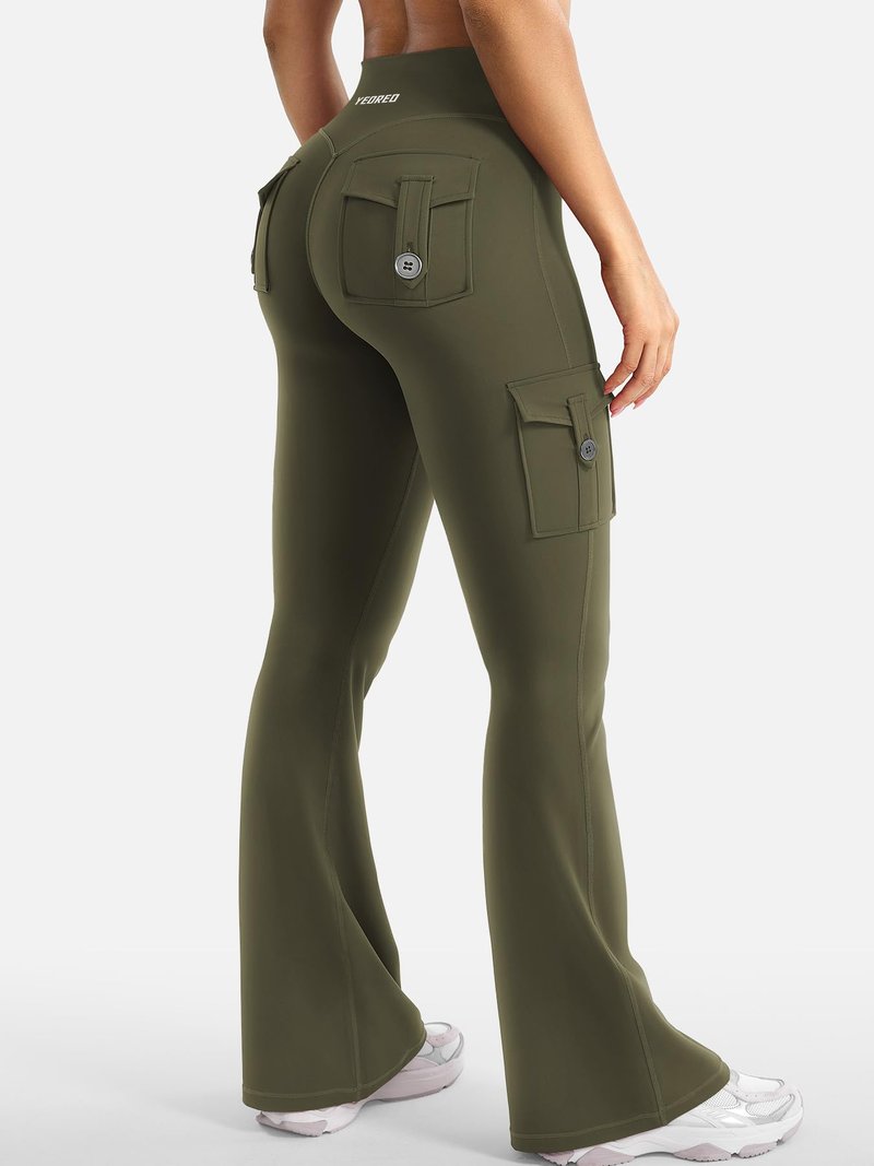 YEOREO CoreFlex Women Workout Flare Leggings with Pockets Hidden Scrunch High Waisted Cargo Gym Yoga Leggings Army Green XL