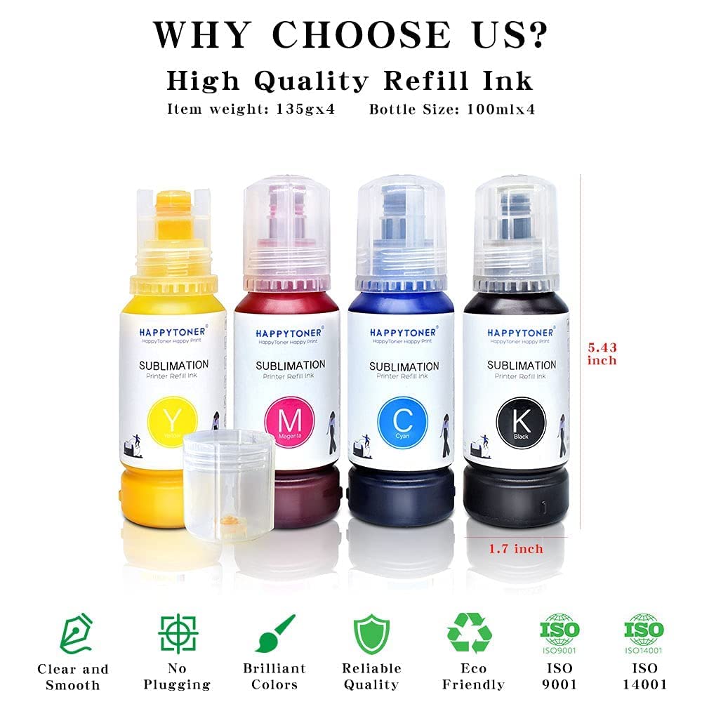 HAPPYTONER Sublimation Ink for Epson 2800 ecotank ET-3750 ET-3760 ET-3830 ET-4850 ET-4750 ET-2760 ET-2700 ET-4760 ET-15000 ST-2000 Heat Press Transfer on T-Shirt Mug (Upgrade Version/Anti-UV)