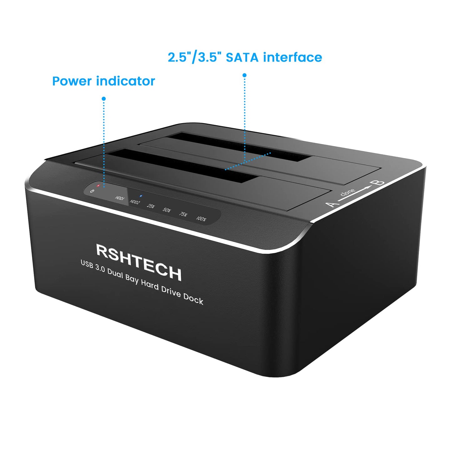 Hard Drive Docking Station, RSHTECH Aluminum Dual Bay SATA Hard Drive Dock for 2.5/3.5 Inch SATA I/II/III HDD SSD Support 2x 16TB Hard Drives,Offline Clone and UASP,Tool-free (RSH-DS01)