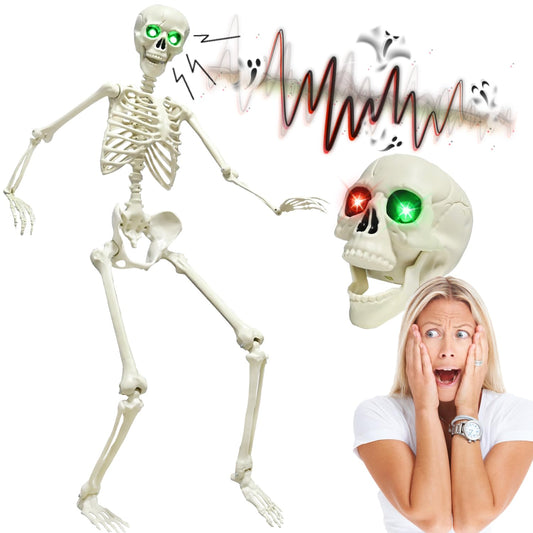 CAMIRUS 5.4FT Full Size Halloween Skeleton, Life Size Posable Skeleton with Glowing Eyes Scary Sound, Plastic Skeleton with Movable Joints for Halloween Decoration