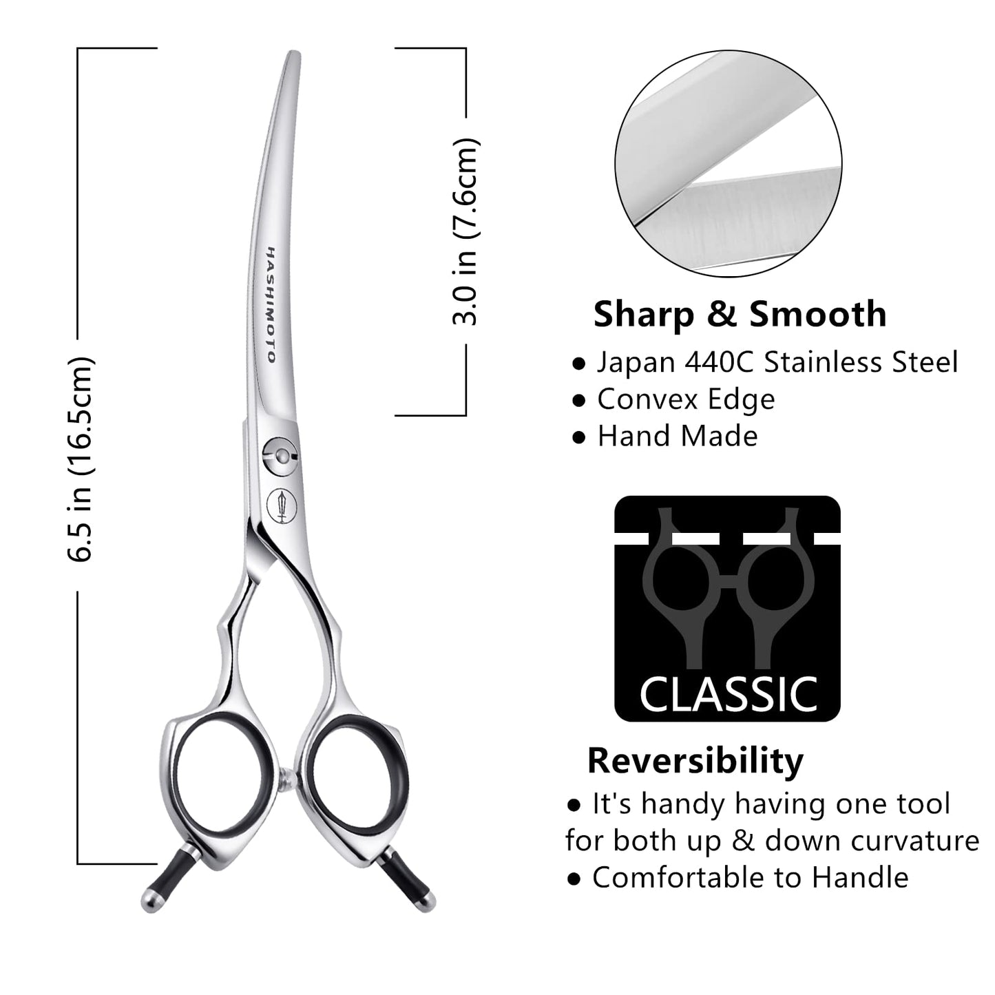HASHIMOTO Dog Grooming Scissors, Curved Scissors for Dog Grooming, 6.5 inch, 30 Degree of Curved Blade,Light Weight, Pet Shears for Trimming Face and Paws.