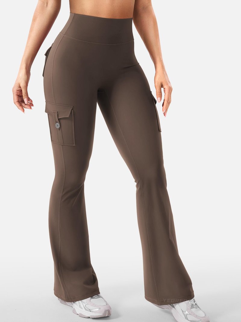 YEOREO CoreFlex Women Workout Flare Leggings with Pockets Hidden Scrunch High Waisted Cargo Gym Yoga Leggings Coffee S