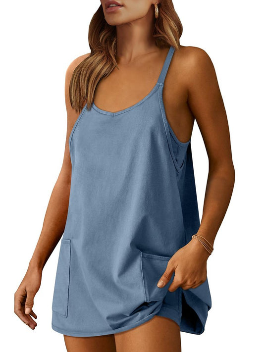 ANRABESS Women Athletic Dress Summer Tennis Workout Active Sports Mini Romper Dress Built in Shorts Travel Vacation Clothes Blue Small