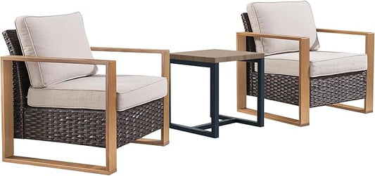 Rilyson 3 Piece Wicker Patio Furniture Set,Patio Bistro Set with 2 Rattan Armrest Chairs and 1 Side Table,Sturdy Frame,All-Weather PE Wicker,Wide Armrest,Deep Seating and Thick Cushions(Brown/Beige)