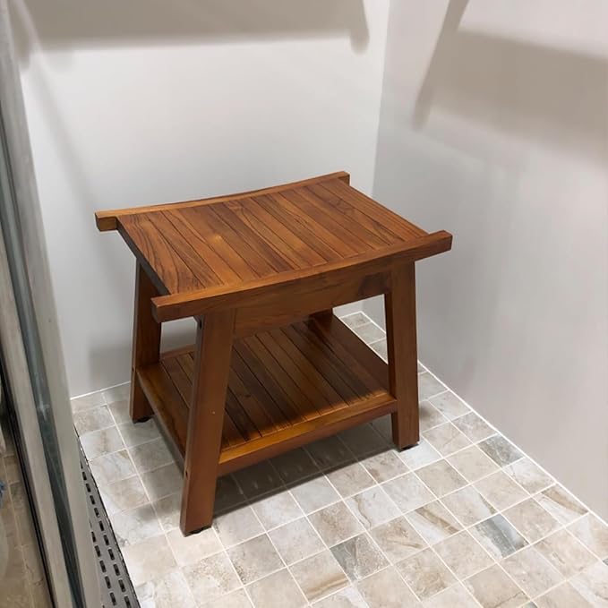 TEAKMAMA 21 Inch Teak Shower Bench with Storage Shelf and Handles, Teak Wood Shower Stool Waterproof Bath Chair for Indoor and Outdoor Use, Bathroom Stools for Adults Sitting