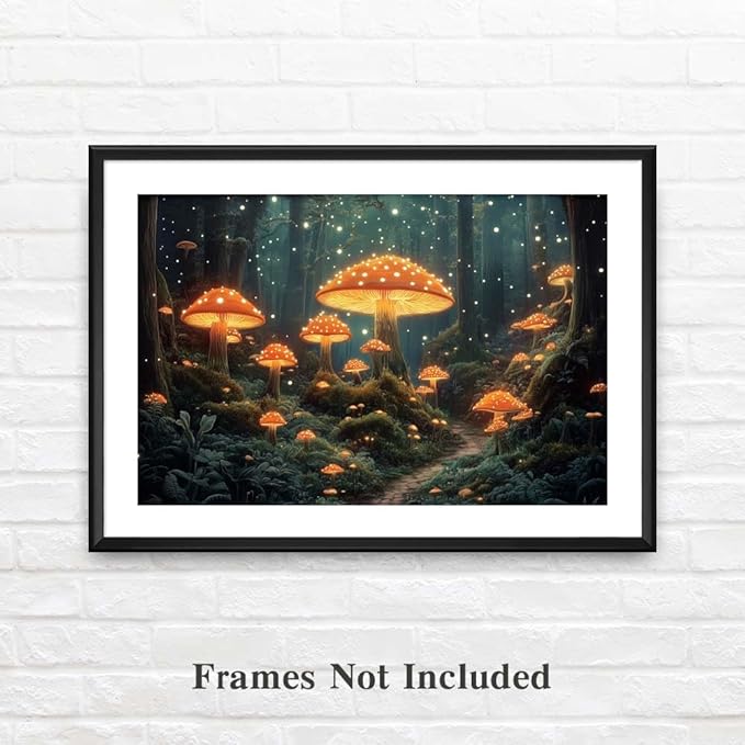 Yesad Mushroom Forest Canvas Wall Art Print, Mushroom Décor Magical Forest Pictures Enchanted Forest Décor Magic Mushrooms Botanical Art Farmhouse Living Room Wall Décor (Unframed,12”x8”,Mushroom)