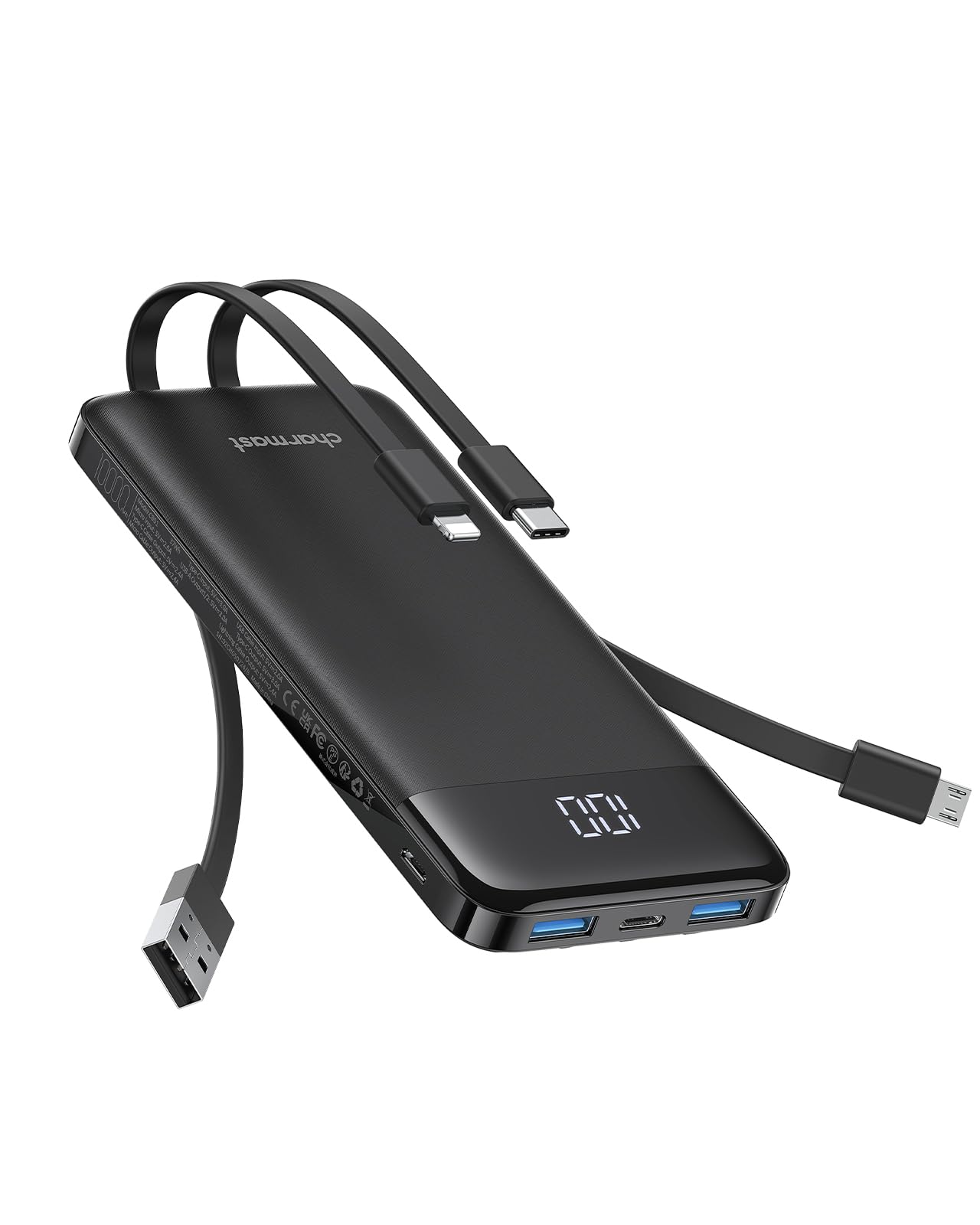 charmast Portable Charger with Built in Cables, 10000mAh Slim Power Bank, 15W USB C in&Out Port High Speed Charging External Charger, Battery Pack Compatible with iPhone 16 15 13 Samsung Google iPad