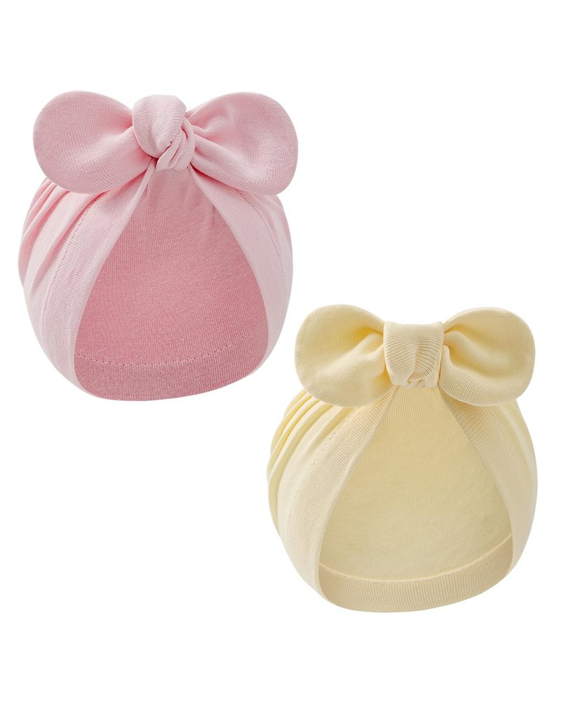 Century Star Baby Girl Beanie Hats Bow Knot Baby Bonnet Infant Toddler Hospital Hat Newborn Cotton Head Wrap Beanie Cap 2Pcs Pink&Beige One Size