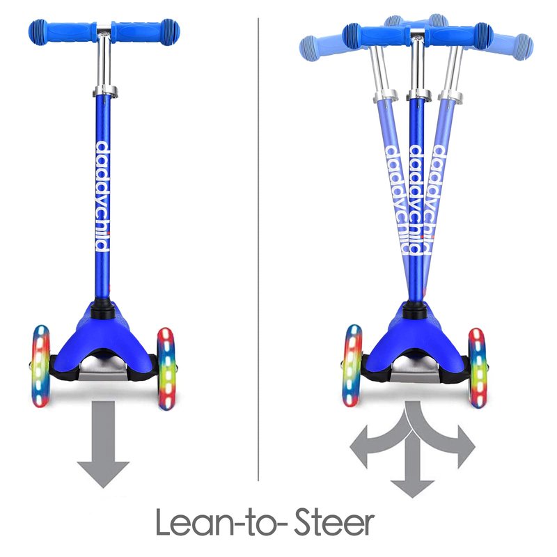3-Wheel Kick Scooter for Kids Ages 3-8 Lean-to-Steer Toddler Scooter with Extra Wide Light Up Wheels, 4 Adjustable Heights, Foldable Scooters for Boys & Girls, Max Weight 110lbs (Blue)