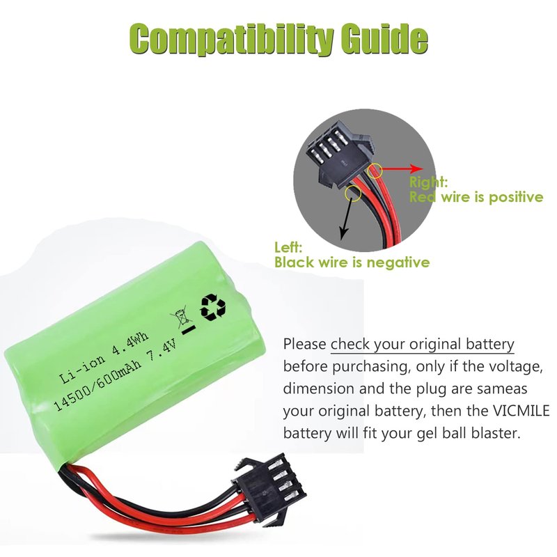 VICMILE 7.4V Li-ion Battery 600mAh 2S Rechargeable with SM-4P Plug and USB Battery Charger Fit for Most Water Ball Blaster RC Car Trucks Battery 2PACK