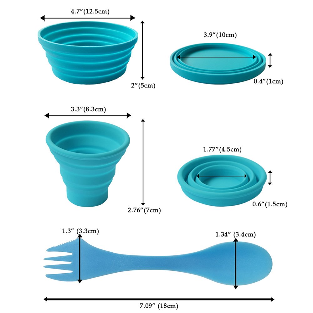 Ecoart Silicone Collapsible Bowl Cup Set with Spork for Outdoor Camping Hiking Travel - Set of 3