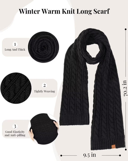 Winter Hat Scarf Glove Set for Women, Warm Fleece Lined Womens Beanie Hat with Double Pom Pom, Gloves with Touchscreen Fingers, Knit Scarf Neck Warmer, Xmas Gift Set for Cold Weather-Black