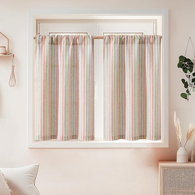 jinchan Striped Linen Kitchen Curtains 30 Inches Christmas Tier Curtains Farmhouse Modern Cafe Style Small Window Treatments Airy Light Filtering Rod Pocket for Living Room Bathroom 2 Panels Candy