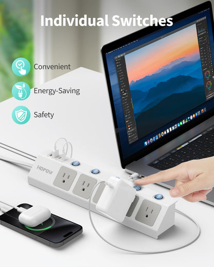Flat Plug Power Strip with Individual Switches, 10 Ft Ultra Thin Flat Extension Cord, 5-Outlet Surge Protector with 2 USB-C (20W PD) & 2 USB-A, 1700 Joules, Wall Mount for Home Office, Black