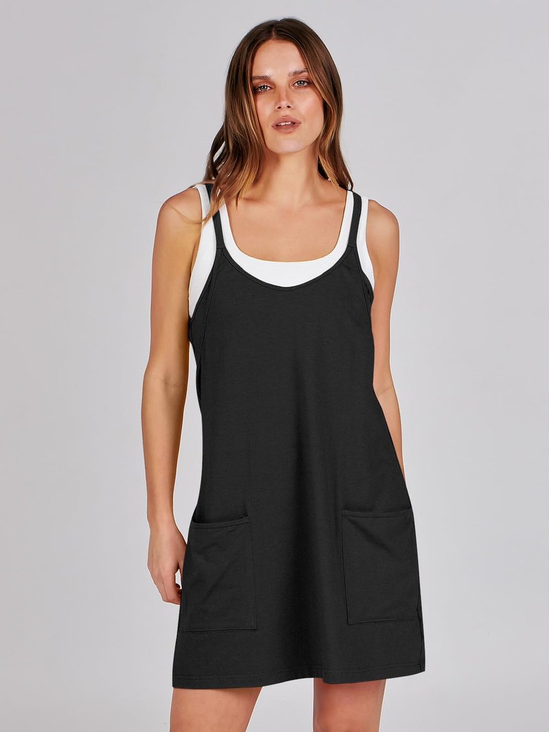 ANRABESS Women Athletic Dress Summer Tennis Workout Active Sports Mini Romper Dress Built in Shorts Travel Vacation Clothes Black X-Smal