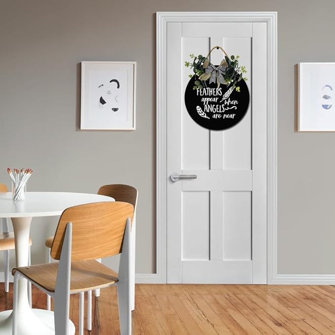 Angels Appear Front Door Sign Funny Wreaths Hanging Wooden Plaque Decoration Round Rustic Wood Farmhouse Porch Decor for Home Front Door Decor, 12 x 12 Inch