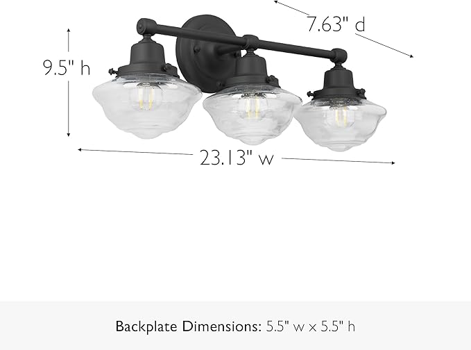 Design House Vintage-Inspired Schoolhouse 3-Light Dimmable Vanity Light, 23.125 in x 7.625 in x 9.5 in, Matte Black, Clear Seeded Glass Shades, 589143-BLK