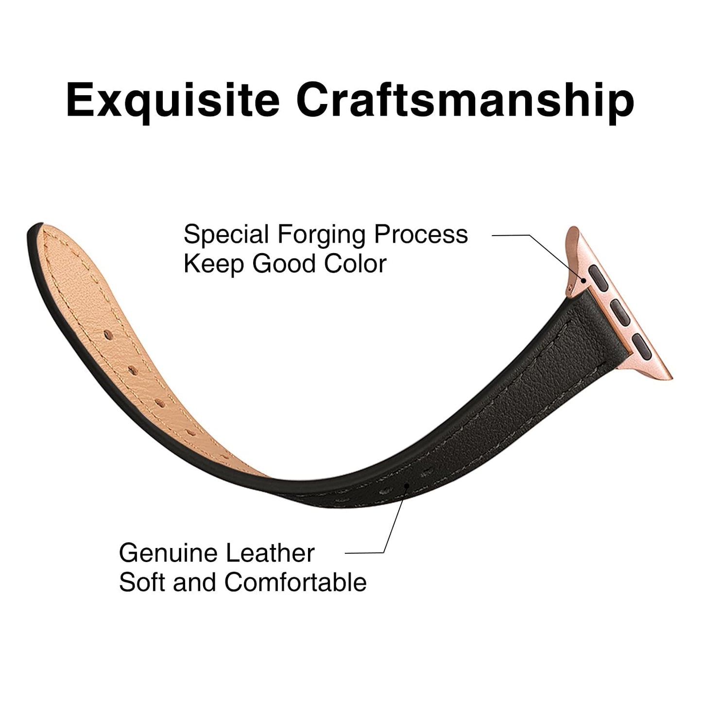 SUNFWR Compatible with Apple Watch Strap 38mm 40mm 41mm,Genuine Leather Strap Replacement,Slim&Thin Wristband for iwatch Series 7/6/5/4/3/2/1,SE(38mm 40mm 41mm,Black&Rosegold)