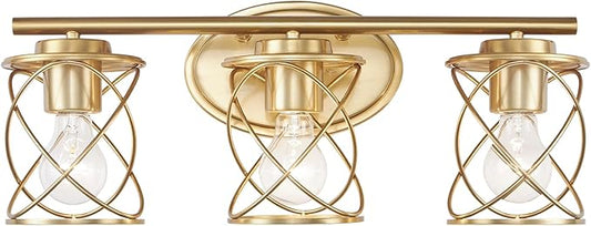 Mavcadonf Modern Vanity Lights with Cage Shade - 3 Lights, Brushed Gold, Over Mirror, for Bathroom & Kitchen