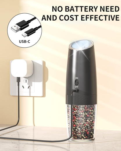 CIRCLE JOY Rechargeable Electric Salt and Pepper Grinder Set Gravity Salt and Pepper Mills Set with LED Light, No Battery Needed, Adjustable Coarseness, Washable 135ml Container, Black