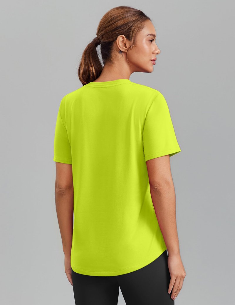 PINSPARK Tennis Shirts for Women Short Sleeve V Neck Moisture Wicking Workout Tops Quick Dry Athletic Gym Golf T-Shirts,Neon Green Large