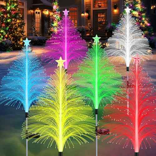Solar Christmas Decorations, 6 Pack 38.5 Inch 7 Color Changing Jellyfish Lights with 5 Layer Optical Fiber Solar Flower Lights for Outdoor Xmas Yard Garden Pathway Decor