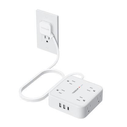 TESSAN Surge Protector Power Strip, 5 Ft Flat Plug Extension Cord with 3 USB (1 USB C) 8 Outlets, 900J Surge Protection, 3 Sided Outlet Extender with Power Switch for Office, Dorm Room Essentials