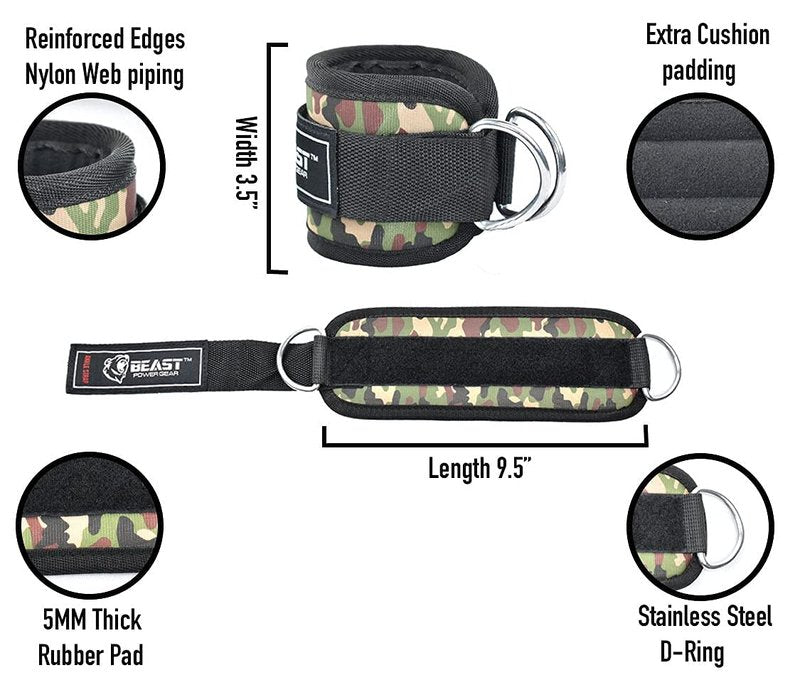 Beastpowergear Padded Ankle Strap for Cable Machine, Kickbacks, Glutes, Abs and Hip Workouts, Leg Extensions Adjustable Ankle Strap for Men Women (Camo, Pair)