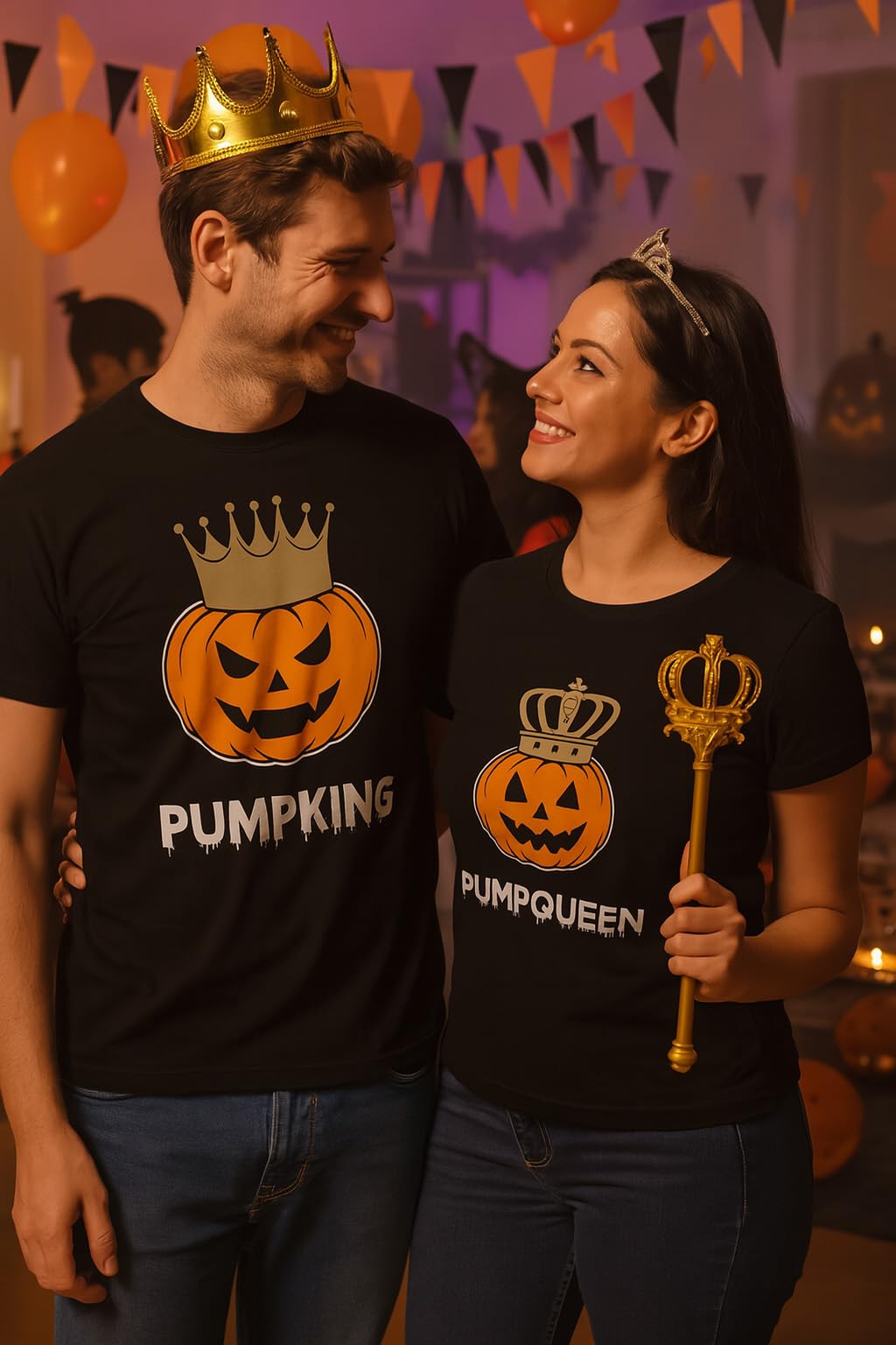 Tstars Pumpking & Pumpqueen Halloween T-Shirt Set - His and Hers Matching Outfit for Couples, Husband Wife PumpKing Black Large/PumpQueen Black Medium