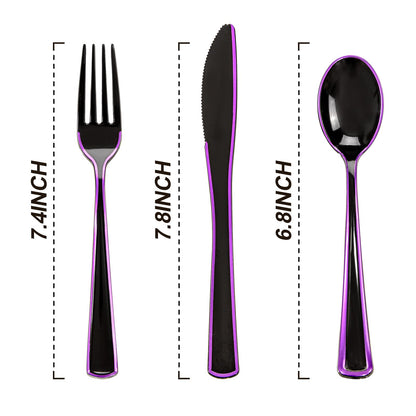 WDF 180 Pieces Black and Purple Halloween Plastic Silverware - Black Flatware Set Include 60 Forks, 60 Knives and 60 Spoons Heavy Duty Plastic Cutlery Purple Utensils for Halloween Party/Birthday