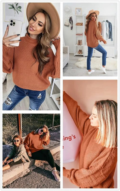 Dokotoo Fall Sweaters for Women 2025 Batwing Long Sleeve Turtleneck Sweaters Solid Autumn Basic Casual Halloween Sweaters Loose Oversized Chunky Knit Pullovers Sweaters Jumper Orange Blouses Medium